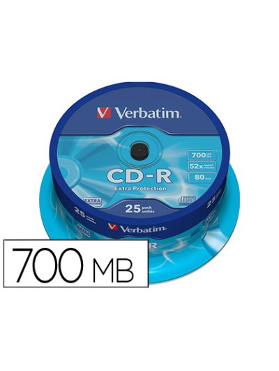 Cd-r verbatim capacidad 700mb velocidad 52x 80 min tarrina de 25 unidades