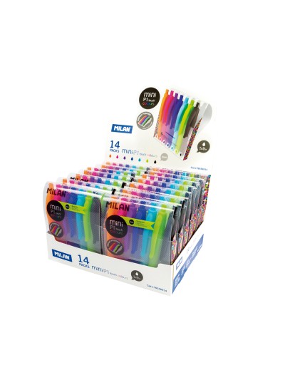 Boligrafo milan p1 retractil 1 mm touch mini estuche de 7 unidades colores surtidos expositor de 14 estuches