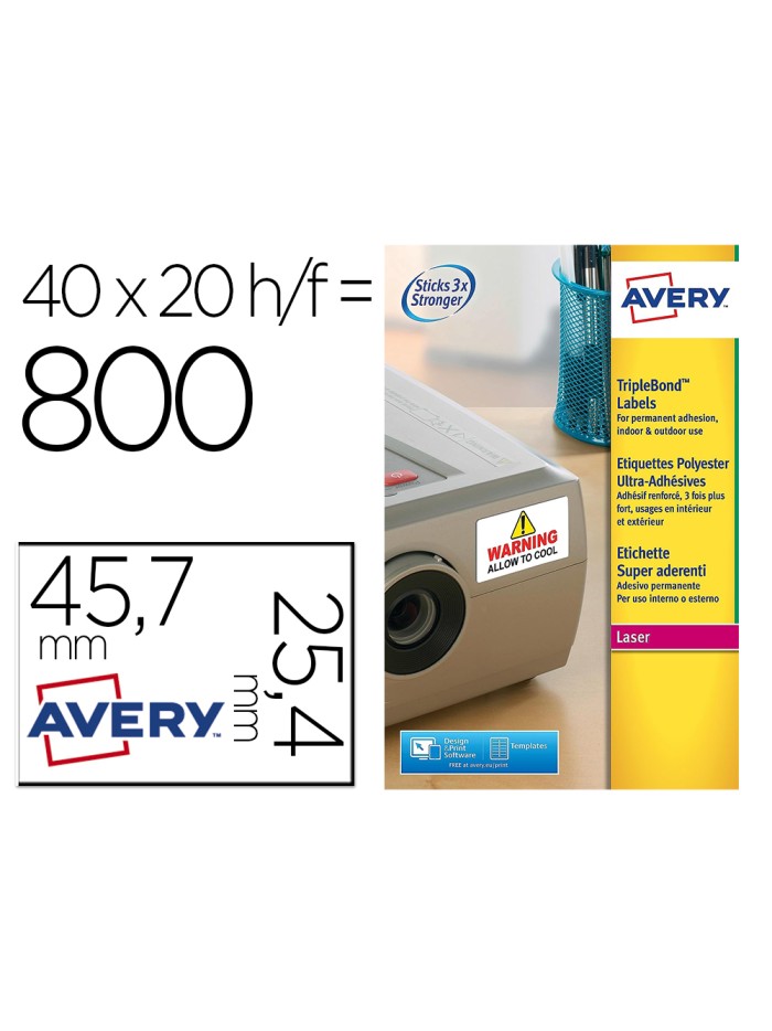 Etiqueta adhesiva avery poliester super adherente blanca 45,7x25,4 mm laser pack de 800 unidades Etiqueta adhesiva avery poliester super adherente blanca 45,7x25,4 mm laser pack de 800 unidades