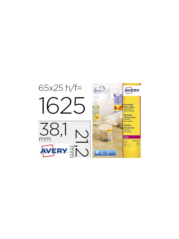 Etiqueta adhesiva avery tamaño 38,1x21,2 mm removible amarillo fluorescente caja de 1625 unidades Etiqueta adhesiva avery tamaño 38,1x21,2 mm removible amarillo fluorescente caja de 1625 unidades