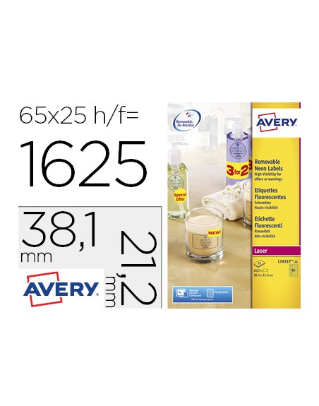 Etiqueta adhesiva avery tamaño 38,1x21,2 mm removible amarillo fluorescente caja de 1625 unidades