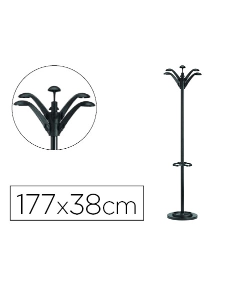 Perchero metalico unilux flora pie 6 colgadores con paraguero y bandeja goteo negro 177x38 cm