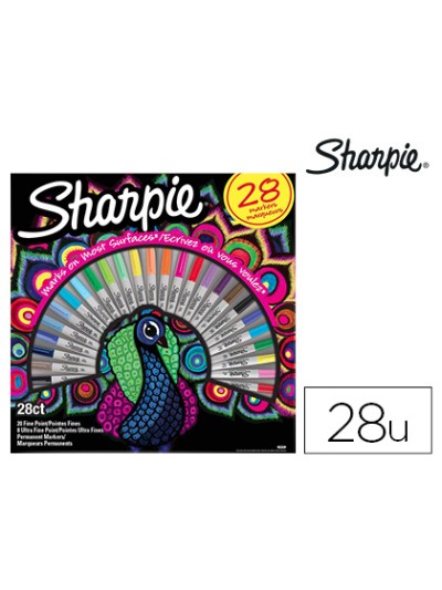 Rotulador sharpie permanente punta fina caja de 28 unidades colores surtidos