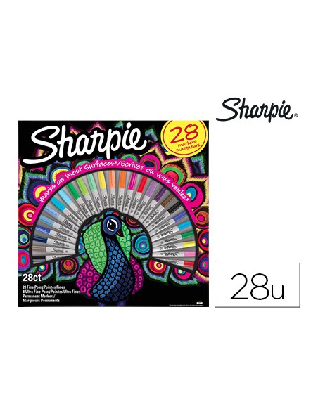 Rotulador sharpie permanente punta fina caja de 28 unidades colores surtidos