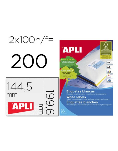 Etiqueta adhesiva apli 2423 tamaño 199,6x144,5 mm fotocopiadora laser ink-jet caja con 100 hojas din a4