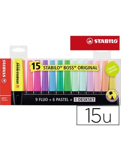 Rotulador stabilo boss fluorescente 70 blister de 15 unidades colores surtidos