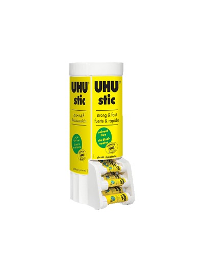 Pegamento uhu barra expositor sobremesa multiformato 8-21-40 gr 530x190x210 mm + 12 uds sin cargo 21 gr