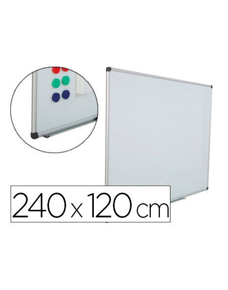 Pizarra blanca rocada acero vitrificado magnetico marco aluminio y cantoneras pvc 240x120 cm incluye bandeja