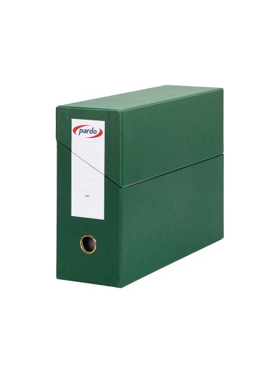 Caja transferencia pardo folio forrado extra doble lomo 80 mm estuche interior con tarjetero verde