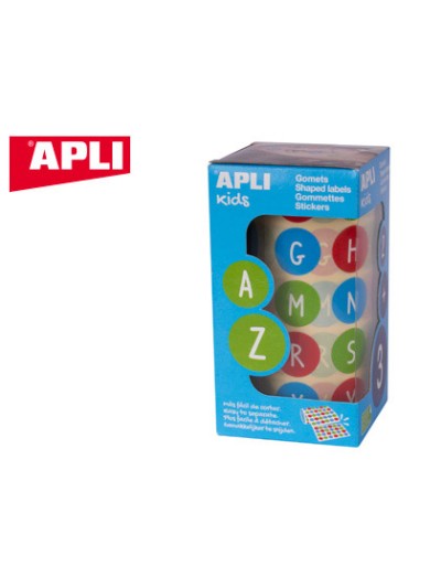 Gomets apli autoadhesivo redondo abecedario 20 mm diametro multicolor rollo de 900 unidades