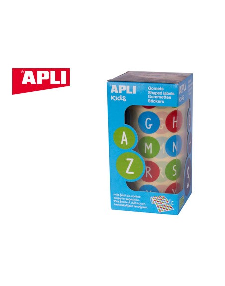 Gomets apli autoadhesivo redondo abecedario 20 mm diametro multicolor rollo de 900 unidades