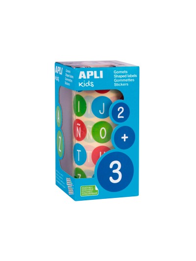 Gomets apli autoadhesivo redondo abecedario 20 mm diametro multicolor rollo de 900 unidades