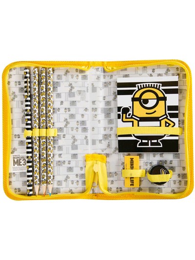 Bolso portatodo con cremallera minions con libreta goma sacapuntas y lapices colores