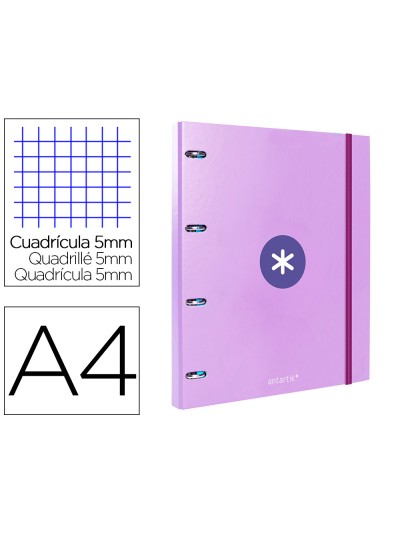 Carpeta con recambio antartik a4 cuadro 5mm forrada 4 anillas 25mm redondas color lavanda