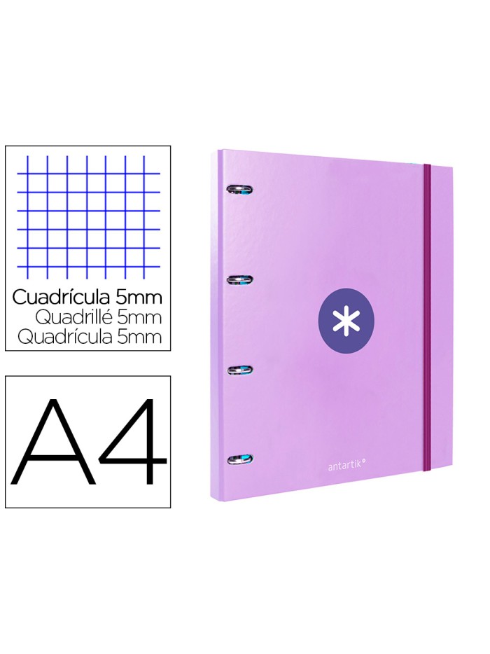 Carpeta con recambio antartik a4 cuadro 5mm forrada 4 anillas 25mm redondas color lavanda Carpeta con recambio antartik a4 cuadro 5mm forrada 4 anillas 25mm redondas color lavanda