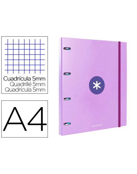 Carpeta con recambio antartik a4 cuadro 5mm forrada 4 anillas 25mm redondas color lavanda