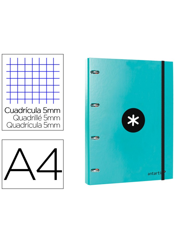 Carpeta con recambio antartik a4 cuadro 5mm forrada 4 anillas 25mm redondas color menta Carpeta con recambio antartik a4 cuadro 5mm forrada 4 anillas 25mm redondas color menta