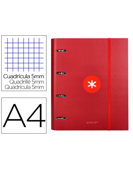 Carpeta con recambio antartik a4 cuadro 5mm forrada 4 anillas 40mm redondas con solapa color frambuesa