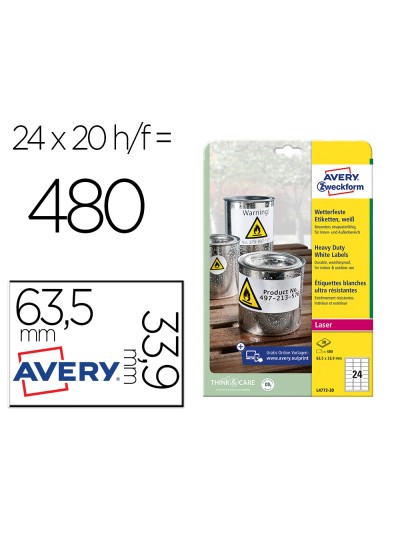 Etiqueta adhesiva resistente avery poliester blanco 3,9 mm 63,5x33,9 mm laser pack de 480unidades