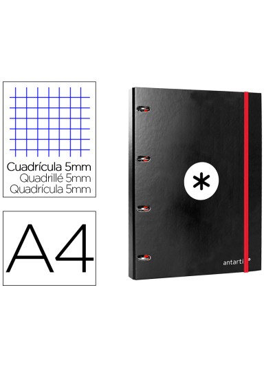 Carpeta con recambio antartik a4 cuadro 5mm forrada 4 anillas 25mm redondas color negro