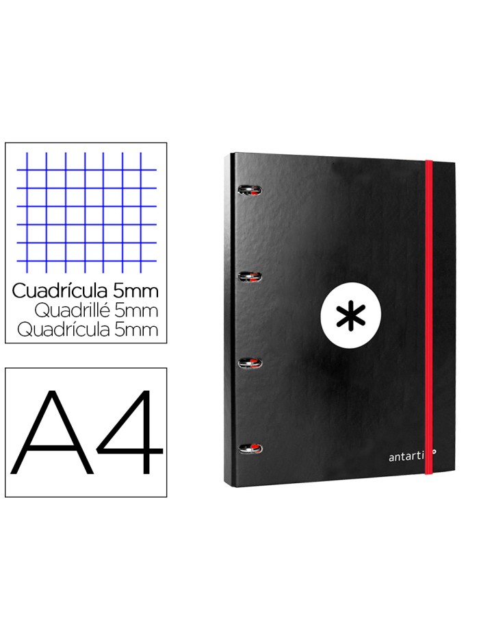 Carpeta con recambio antartik a4 cuadro 5mm forrada 4 anillas 25mm redondas color negro Carpeta con recambio antartik a4 cuadro 5mm forrada 4 anillas 25mm redondas color negro