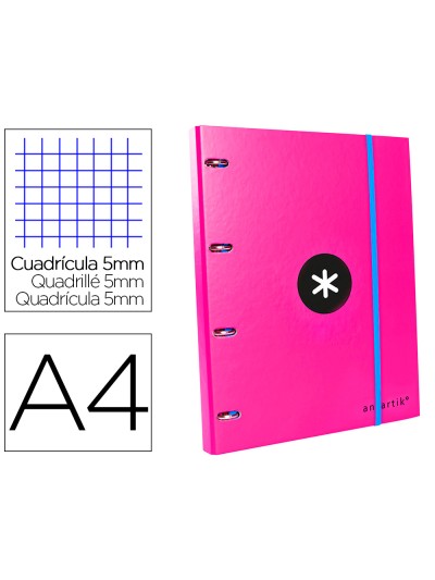 Carpeta con recambio antartik a4 cuadro 5mm forrada 4 anillas 25mm redondas color rosa