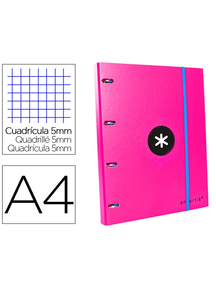 Carpeta con recambio antartik a4 cuadro 5mm forrada 4 anillas 25mm redondas color rosa Carpeta con recambio antartik a4 cuadro 5mm forrada 4 anillas 25mm redondas color rosa