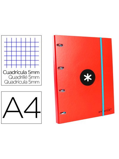 Carpeta con recambio antartik a4 cuadro 5mm forrada 4 anillas 25mm redondas color rojo