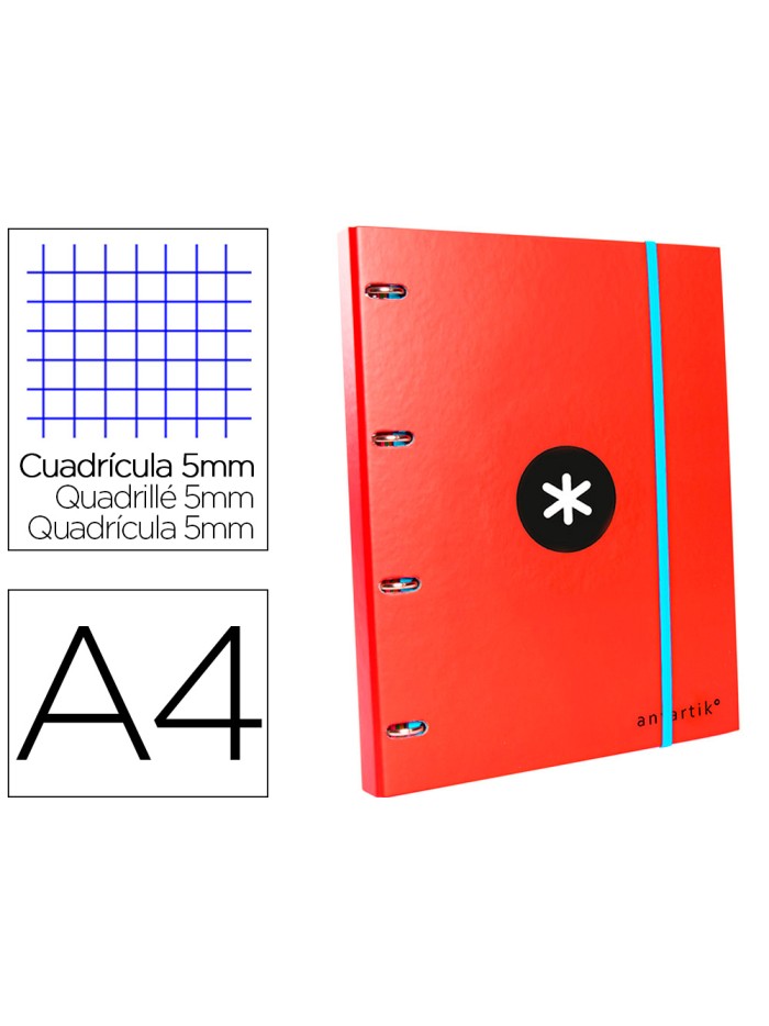 Carpeta con recambio antartik a4 cuadro 5mm forrada 4 anillas 25mm redondas color rojo Carpeta con recambio antartik a4 cuadro 5mm forrada 4 anillas 25mm redondas color rojo