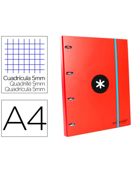 Carpeta con recambio antartik a4 cuadro 5mm forrada 4 anillas 25mm redondas color rojo
