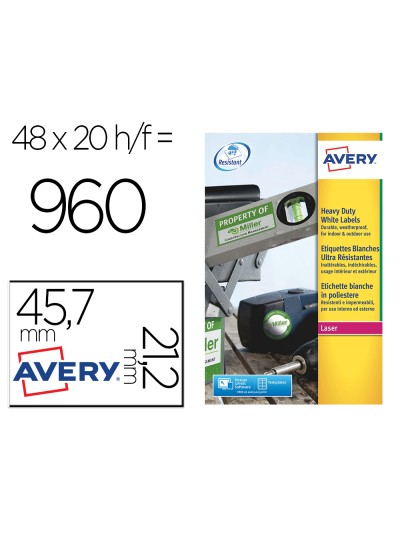 Etiqueta adhesiva resistente avery poliester plata 1,2 mm 45,7x21,2 mm laser pack de 960unidades