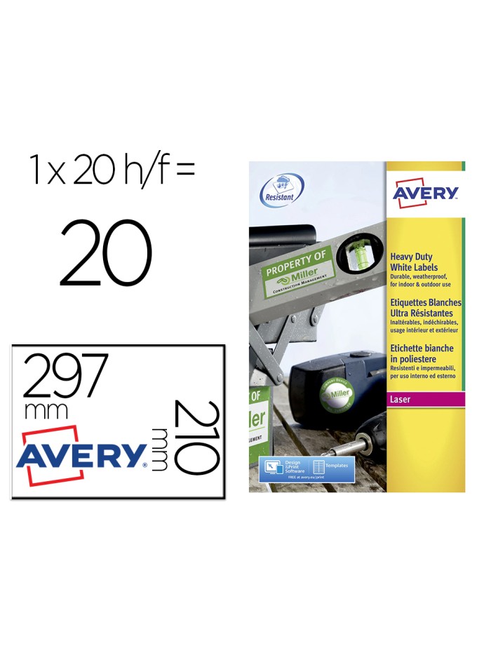 Etiqueta adhesiva resistente avery poliester blanca 210x297 mm laser pack de 20 unidades Etiqueta adhesiva resistente avery poliester blanca 210x297 mm laser pack de 20 unidades