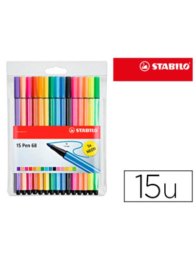 Rotulador stabilo acuarelable pen 68 estuche de 10 colores estandar + 5 colores neon