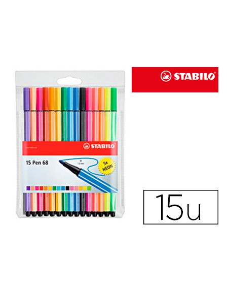 Rotulador stabilo acuarelable pen 68 estuche de 10 colores estandar + 5 colores neon