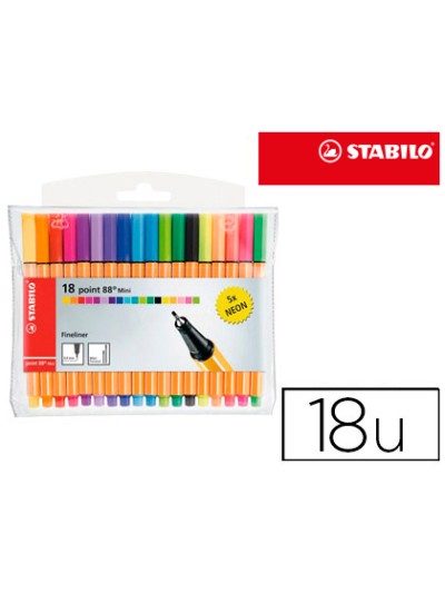 Rotulador stabilo punta de fibra point 88 mini estuche de 18 unidades colores surtidos