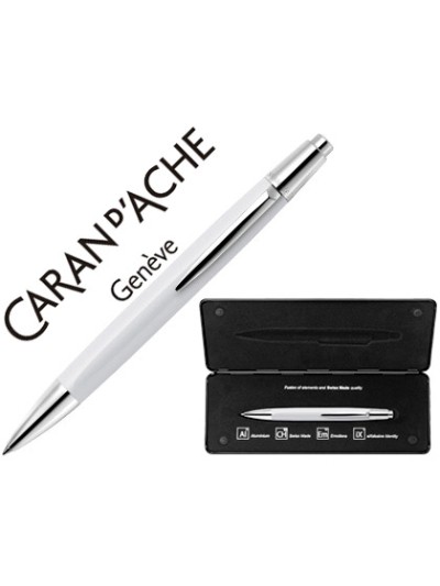Boligrafo caran d'ache alchemix cuerpo laca blanca adornos cromados brillante con estuche punta media