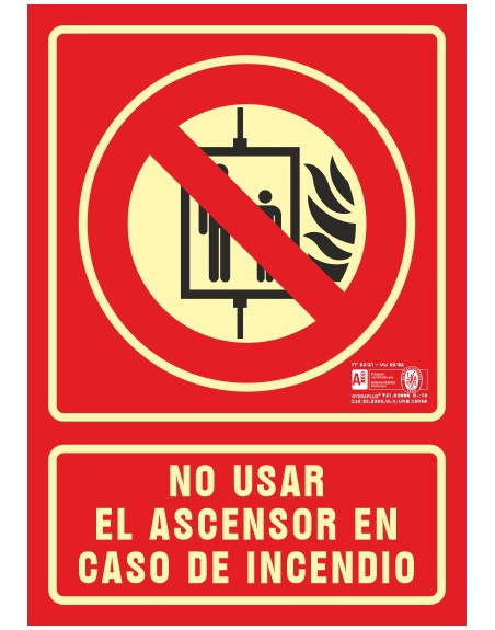 Pictograma syssa señal de no utilizar en caso de incendio en pvc fotoluminiscente 210x297 mm