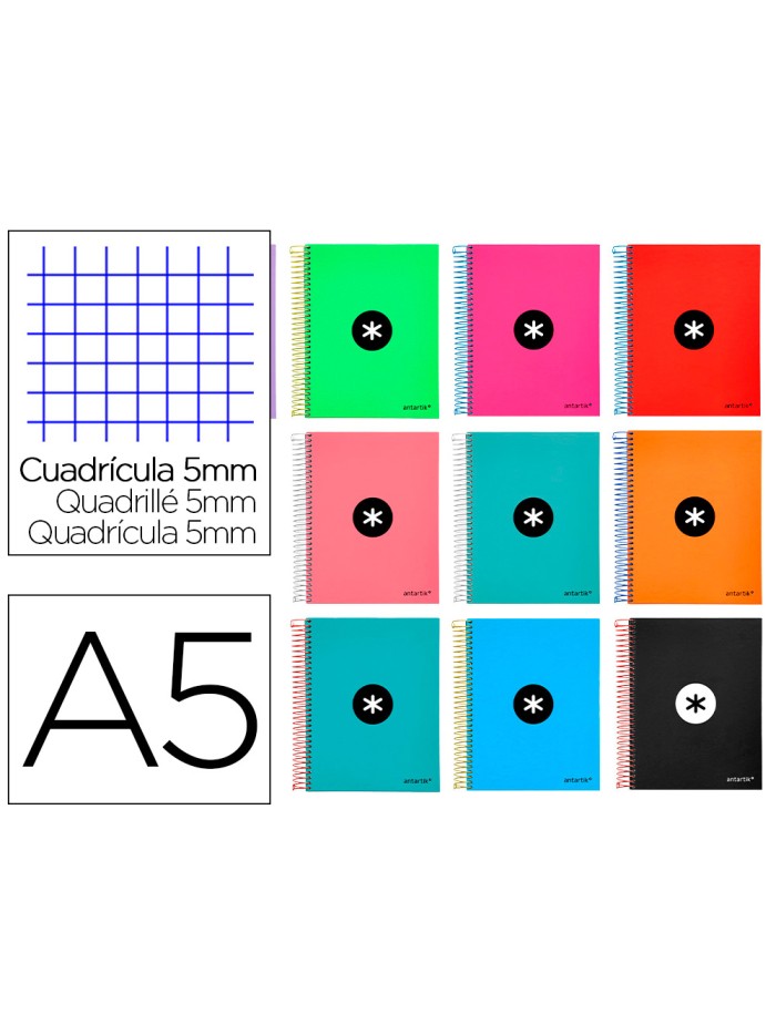 Cuaderno espiral a5 micro antartik tapa forrada120h 90gr cuadro 5mm 5 bandas 6 taladros colores surtidos Cuaderno espiral a5 micro antartik tapa forrada120h 90gr cuadro 5mm 5 bandas 6 taladros colores surtidos