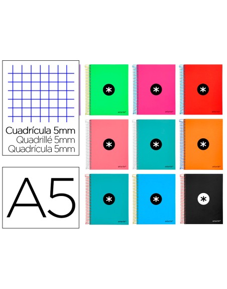 Cuaderno espiral a5 micro antartik tapa forrada120h 90gr cuadro 5mm 5 bandas 6 taladros colores surtidos