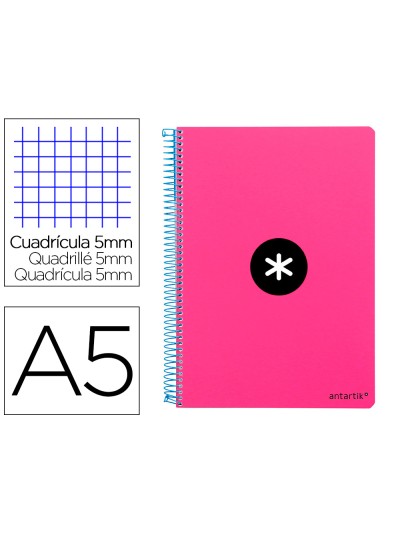 Cuaderno espiral antartik a5 tapa dura 80h 100 g cuadro 5mm con margen color rosa fluor