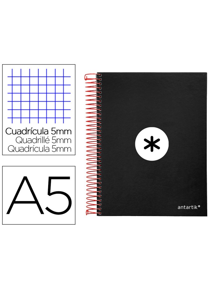 Cuaderno espiral a5 micro antartik tapa forrada120h 90 gr cuadro 5mm 5 bandas6 taladros color negro Cuaderno espiral a5 micro antartik tapa forrada120h 90 gr cuadro 5mm 5 bandas6 taladros color negro