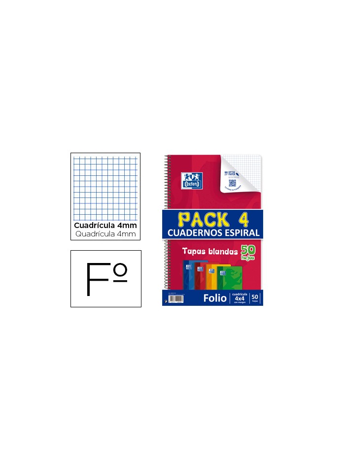 Bloc espiral oxford tapa flexible optik paper folio 50 hojas 90 gr cuadros 4 mm pack de 4 Bloc espiral oxford tapa flexible optik paper folio 50 hojas 90 gr cuadros 4 mm pack de 4