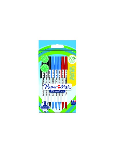 Boligrafo paper mate kilometrico punta 1 mm plastico reciclado 80% blister de 3 negros / 3
