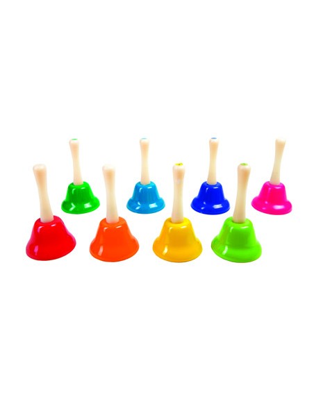 Campanita pequeña amaya de mano con mango tradicional escala diatonica set de 8 unidades colores surtidos