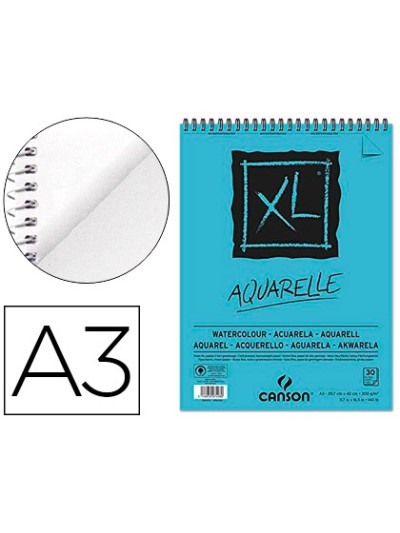 Bloc dibujo acuarela canson xl aquarelle grano fino din a3 microperforado espiral 29,7x42 cm 30 hojas 300 gr/m2