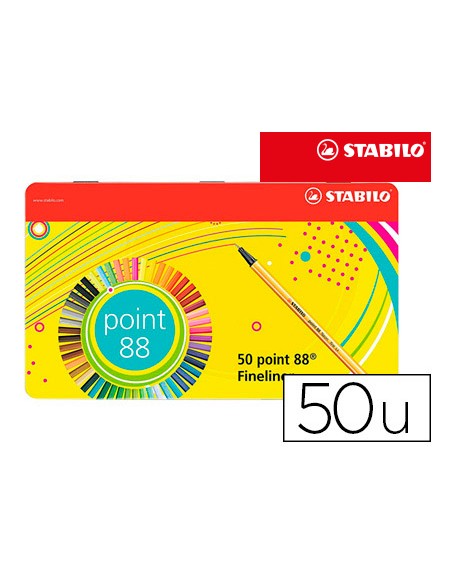 Rotulador stabilo punta de fibra 0,4 mm point 88 estuche metal 50 colores surtidos