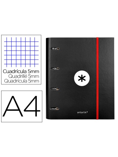 Carpeta con recambio antartik a4 cuadro 5mm forrada 4 anillas 40mm redondas con solapa color negra