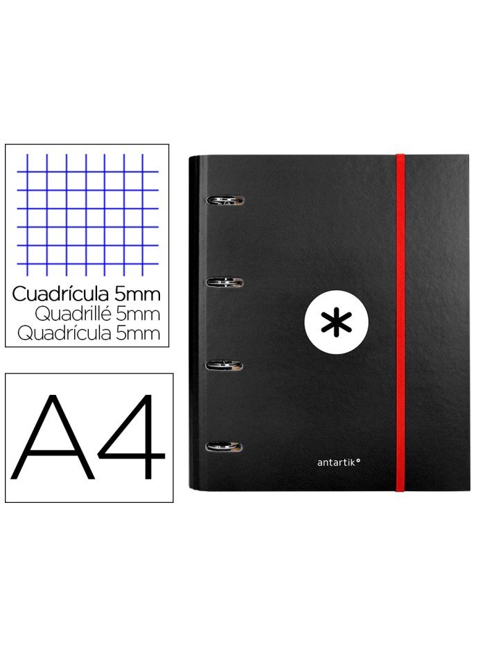 Carpeta con recambio antartik a4 cuadro 5mm forrada 4 anillas 40mm redondas con solapa color negra Carpeta con recambio antartik a4 cuadro 5mm forrada 4 anillas 40mm redondas con solapa color negra