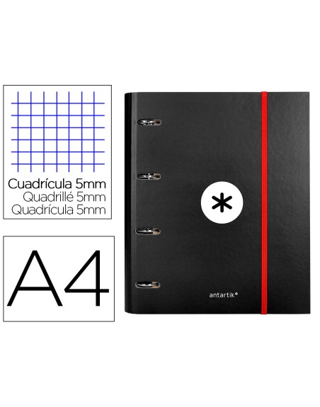 Carpeta con recambio antartik a4 cuadro 5mm forrada 4 anillas 40mm redondas con solapa color negra