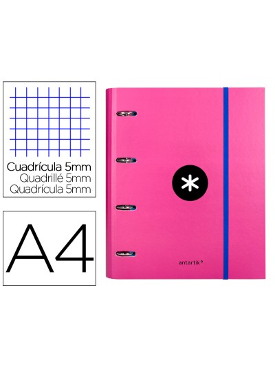 Carpeta con recambio antartik a4 cuadro 5mm forrada 4 anillas 40mm redondas con solapa color rosa